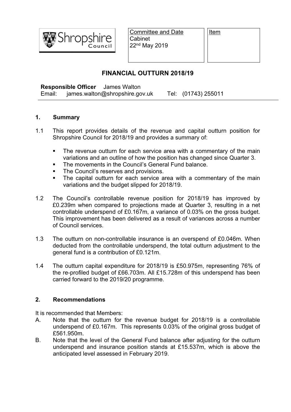 Financial Outturn 2018/19