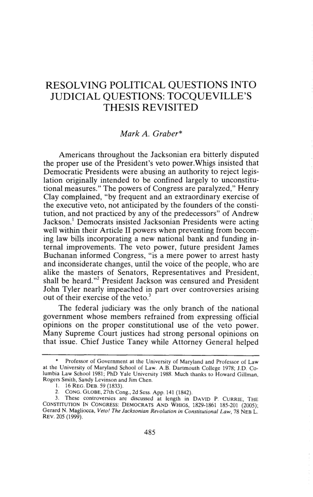 Resolving Political Questions Into Judicial Questions: Tocqueville's Thesis Revisited