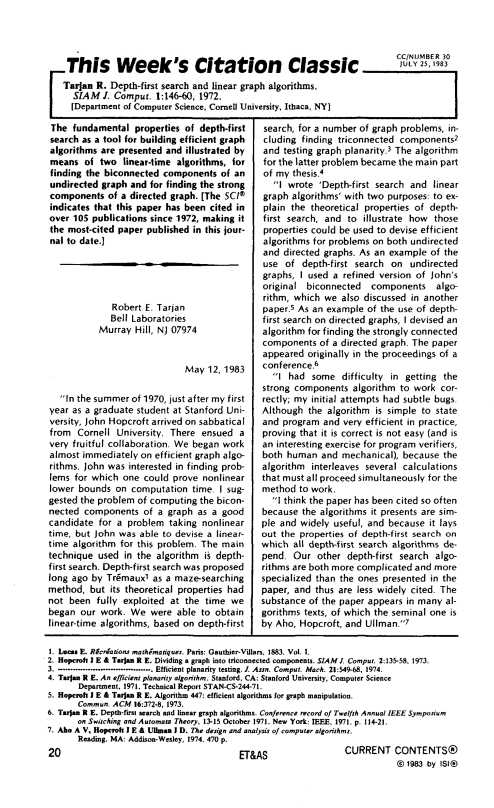 Tarjan R. Depth-First Search and Linear Graph Algorithms. SIAM J. Comput