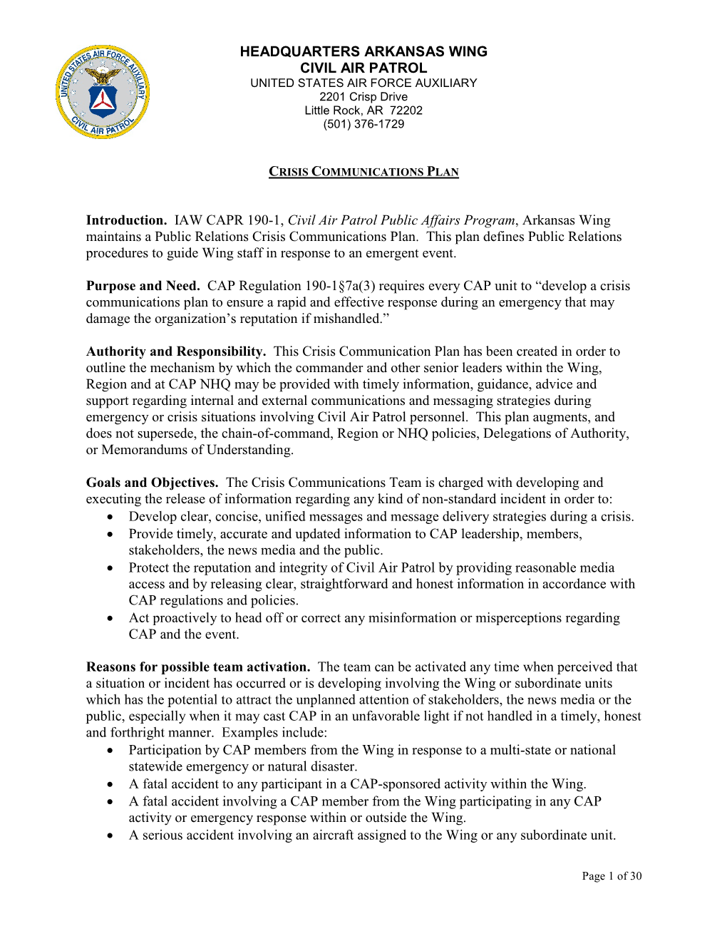 HEADQUARTERS ARKANSAS WING CIVIL AIR PATROL Introduction