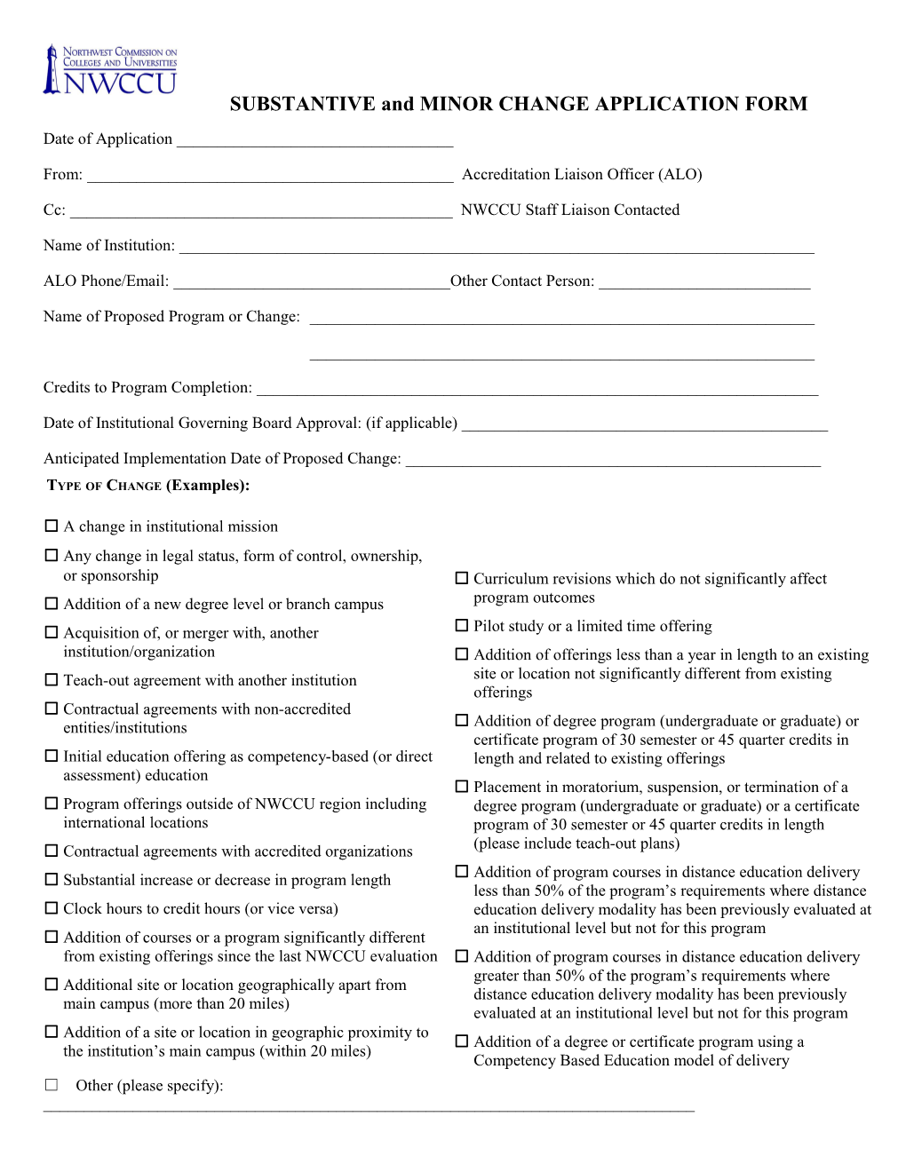 SUBSTANTIVE and MINOR CHANGE APPLICATION FORM