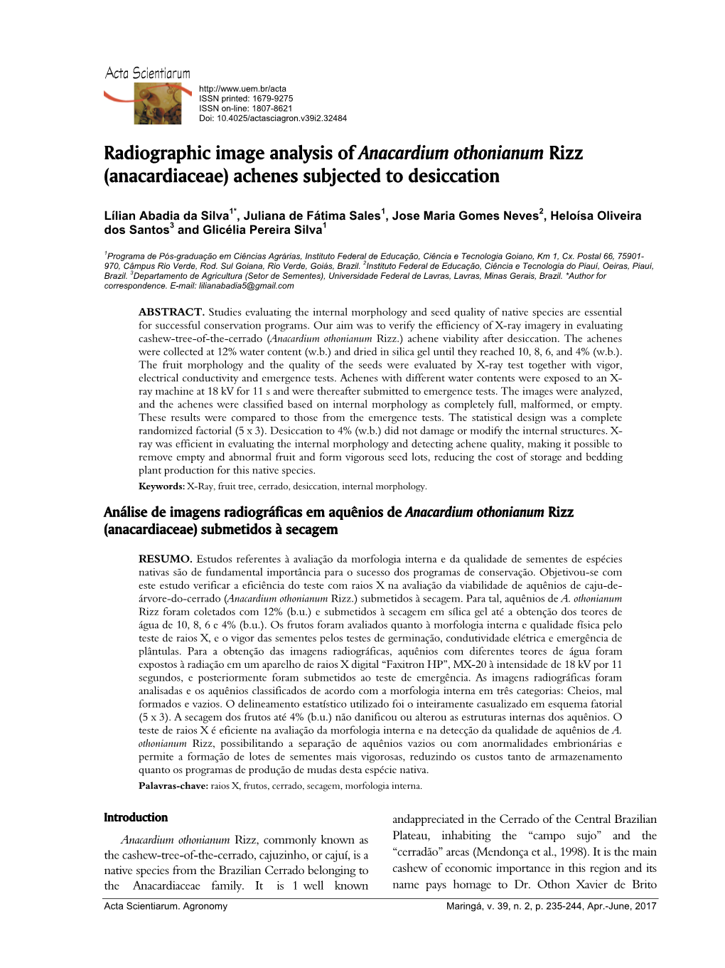 Radiographic Image Analysis of Anacardium Othonianum Rizz (Anacardiaceae) Achenes Subjected to Desiccation