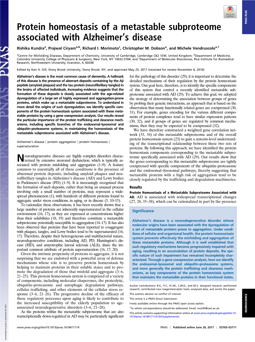 Protein Homeostasis of a Metastable Subproteome Associated with Spread Phenomenon (1), with Hundreds of Different Proteins Found to AD