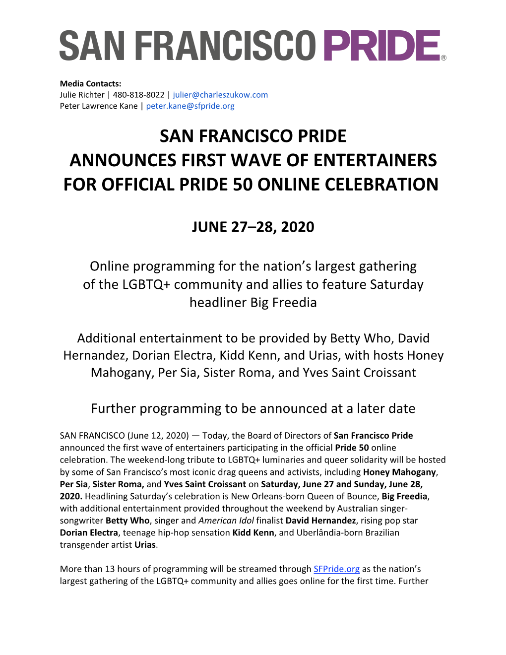 San Francisco Pride Announces First Wave of Entertainers for Official Pride 50 Online Celebration