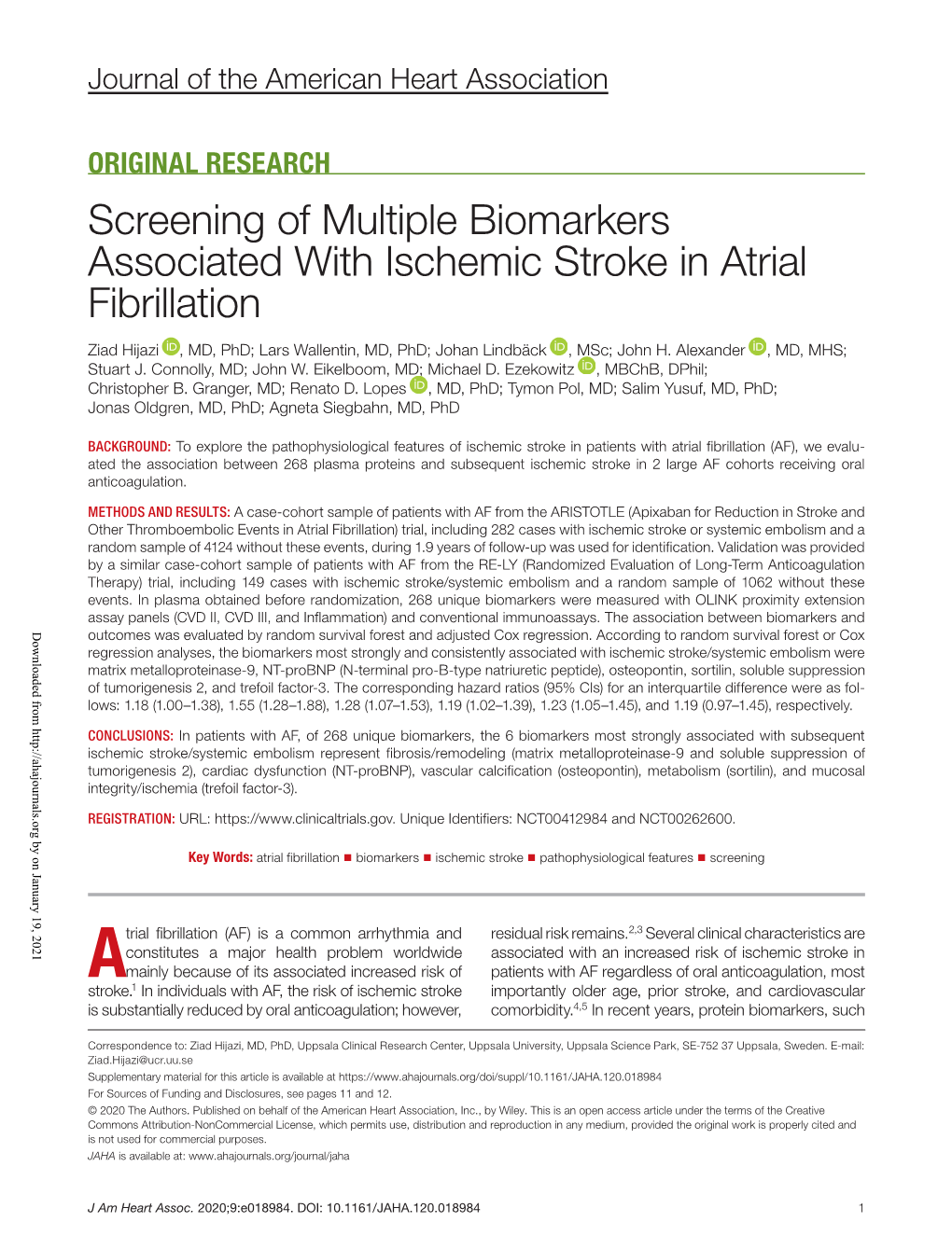 Screening of Multiple Biomarkers Associated with Ischemic Stroke in Atrial Fibrillation