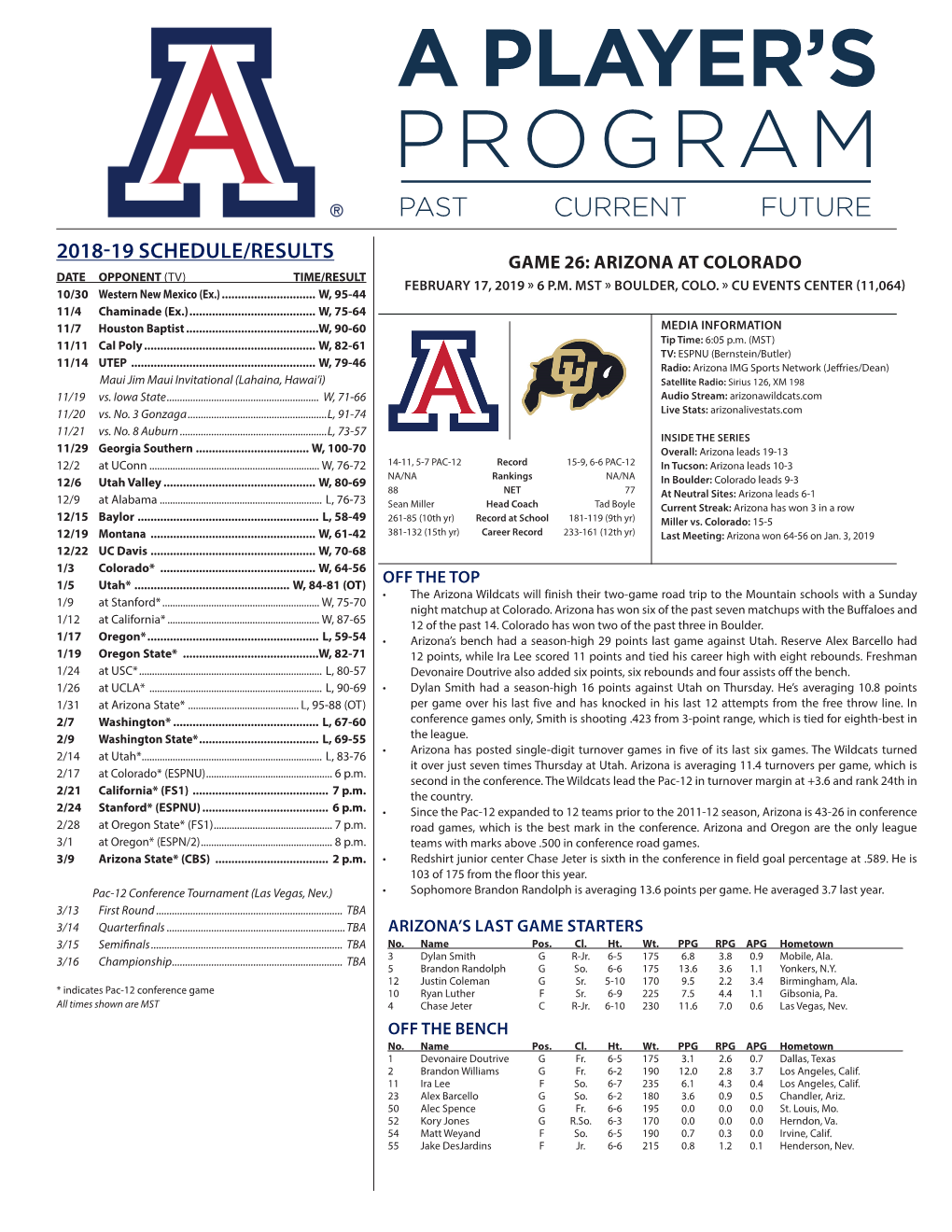 2018-19 Schedule/Results Game 26: Arizona at Colorado Date Opponent (Tv) Time/Result February 17, 2019 » 6 P.M