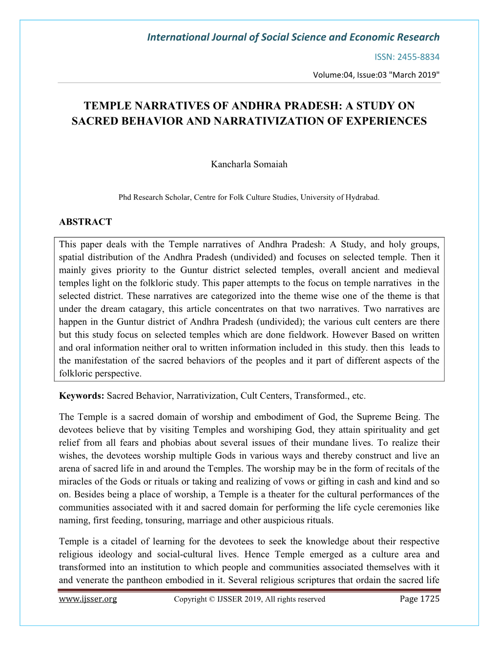 International Journal of Social Science and Economic Research TEMPLE