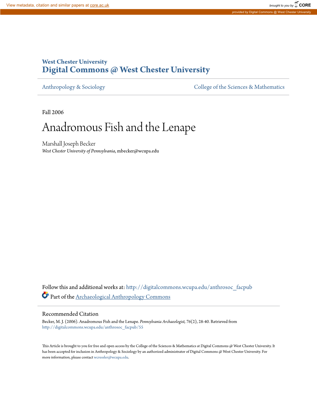 Anadromous Fish and the Lenape Marshall Joseph Becker West Chester University of Pennsylvania, Mbecker@Wcupa.Edu