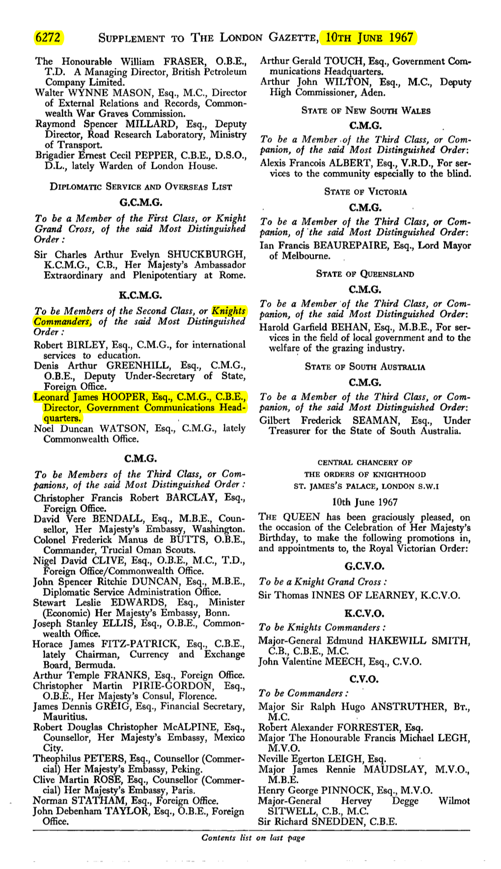 C.V.O. John Spencer Ritchie DUNCAN, Esq., M.B.E., to Be a Knight Grand Cross : Diplomatic Service Administration Office