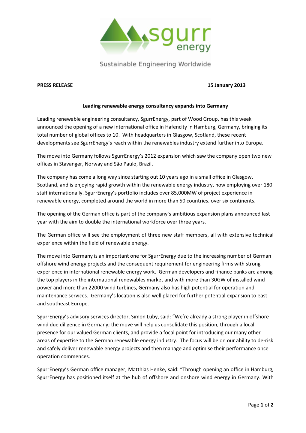 Page 1 of 2 PRESS RELEASE 15 January 2013 Leading Renewable