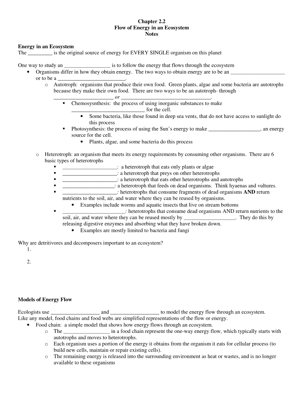 Chapter 2.2 Flow of Energy in an Ecosystem Notes Energy in An