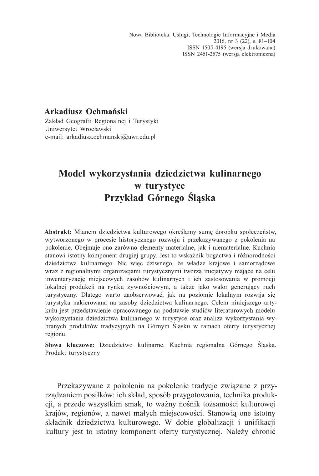 Model Wykorzystania Dziedzictwa Kulinarnego W Turystyce Przykład Górnego Śląska