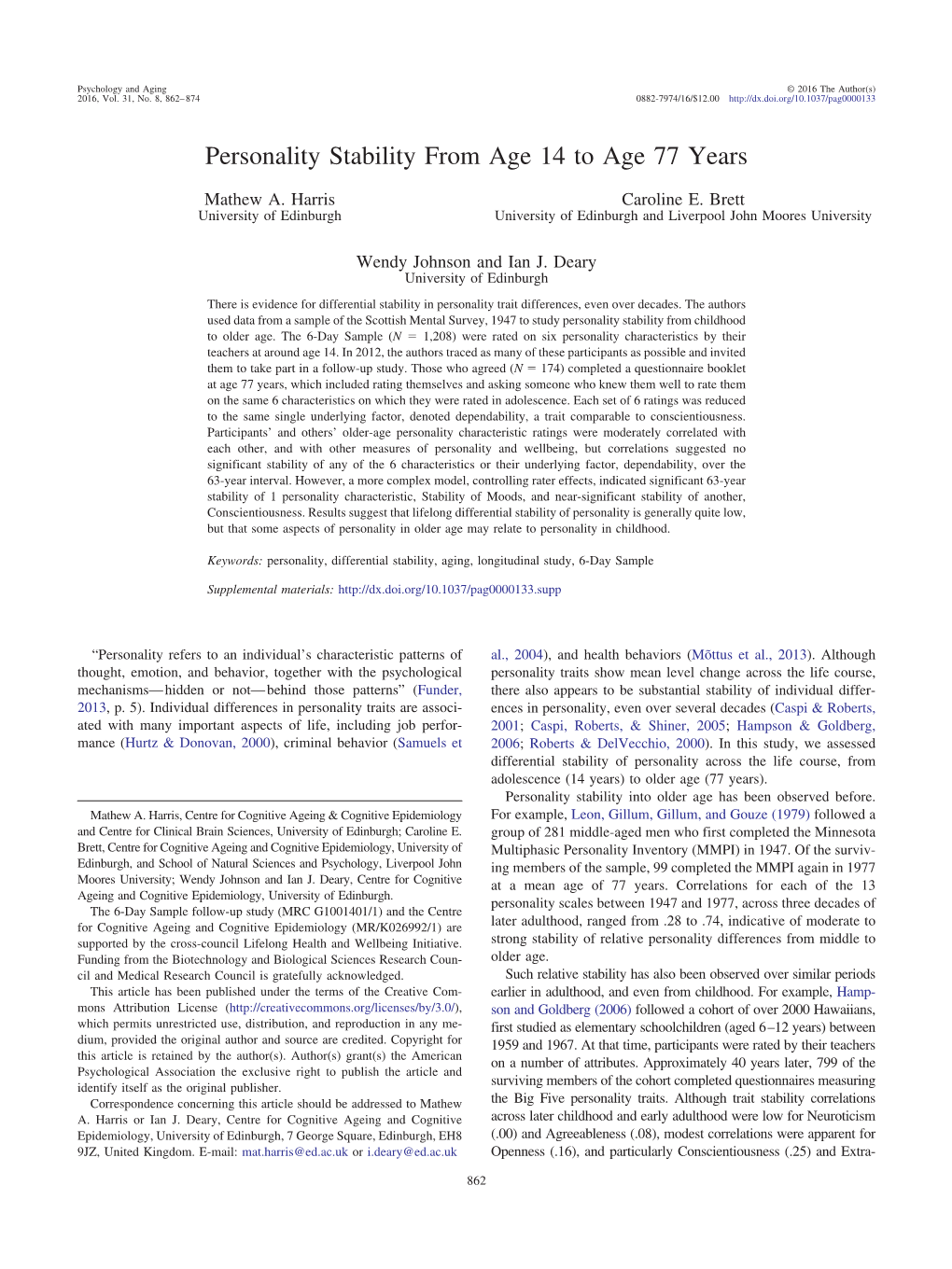 Personality Stability from Age 14 to Age 77 Years