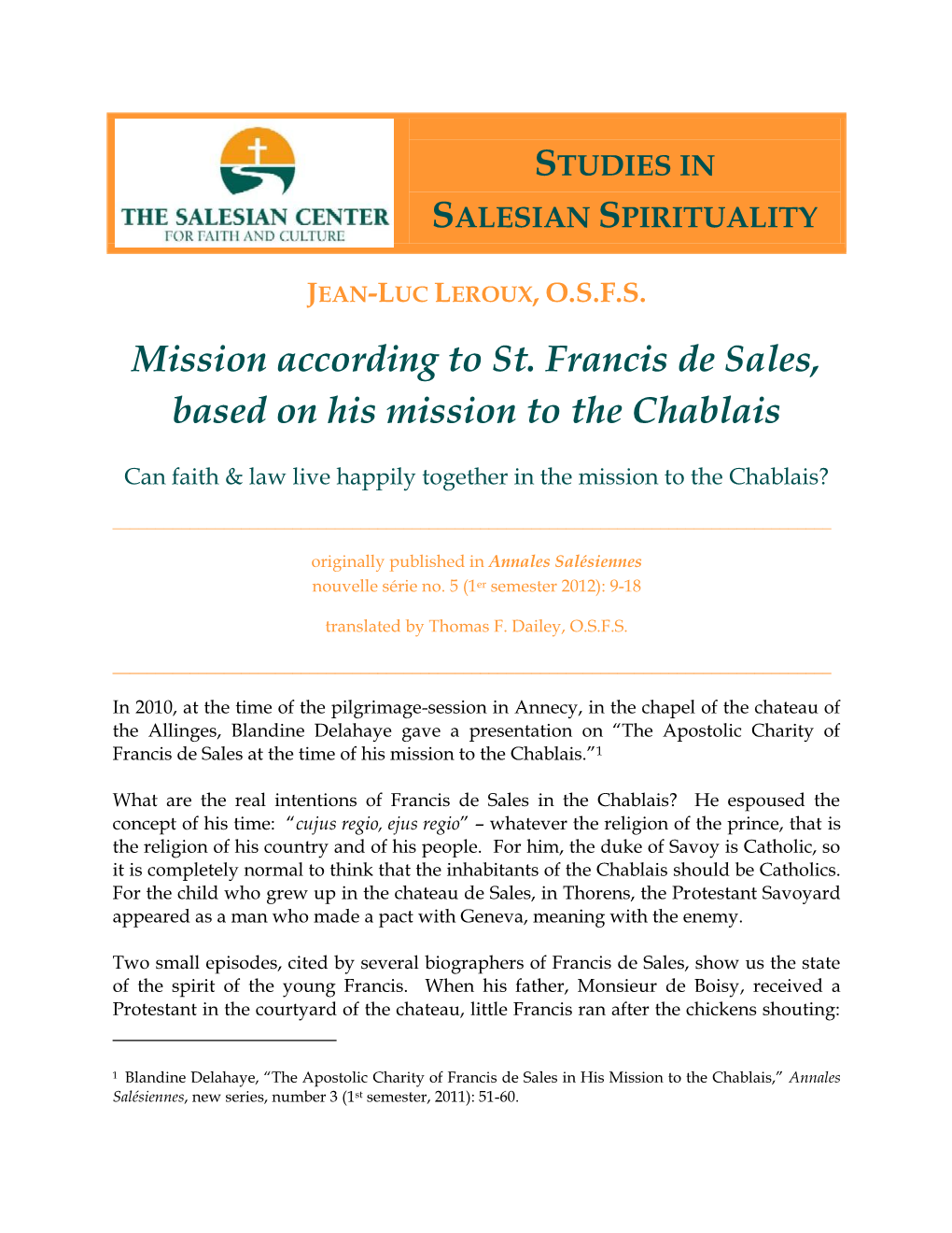 Mission According to St. Francis De Sales, Based on His Mission to The