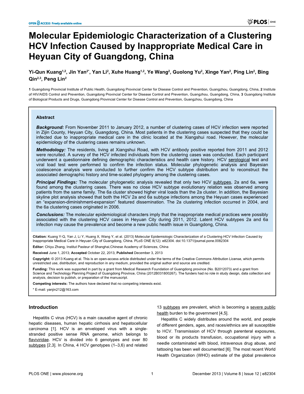 Molecular Epidemiologic Characterization of a Clustering HCV Infection Caused by Inappropriate Medical Care in Heyuan City of Guangdong, China