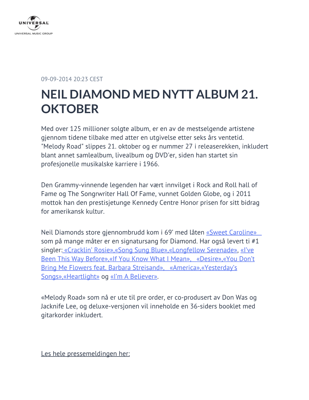 Neil Diamond Med Nytt Album 21. Oktober