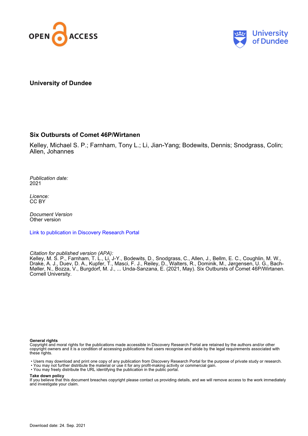 University of Dundee Six Outbursts of Comet 46P/Wirtanen Kelley, Michael SP