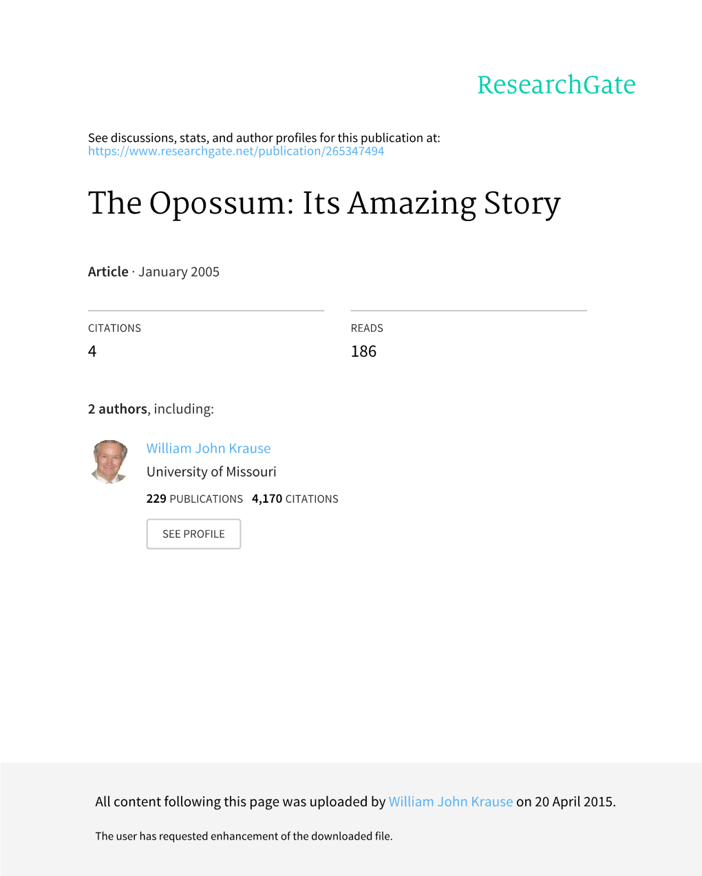 The Opossum: Its Amazing Story