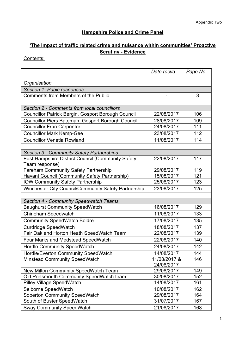 The Impact of Traffic Related Crime and Nuisance Within Communities’ Proactive Scrutiny - Evidence Contents