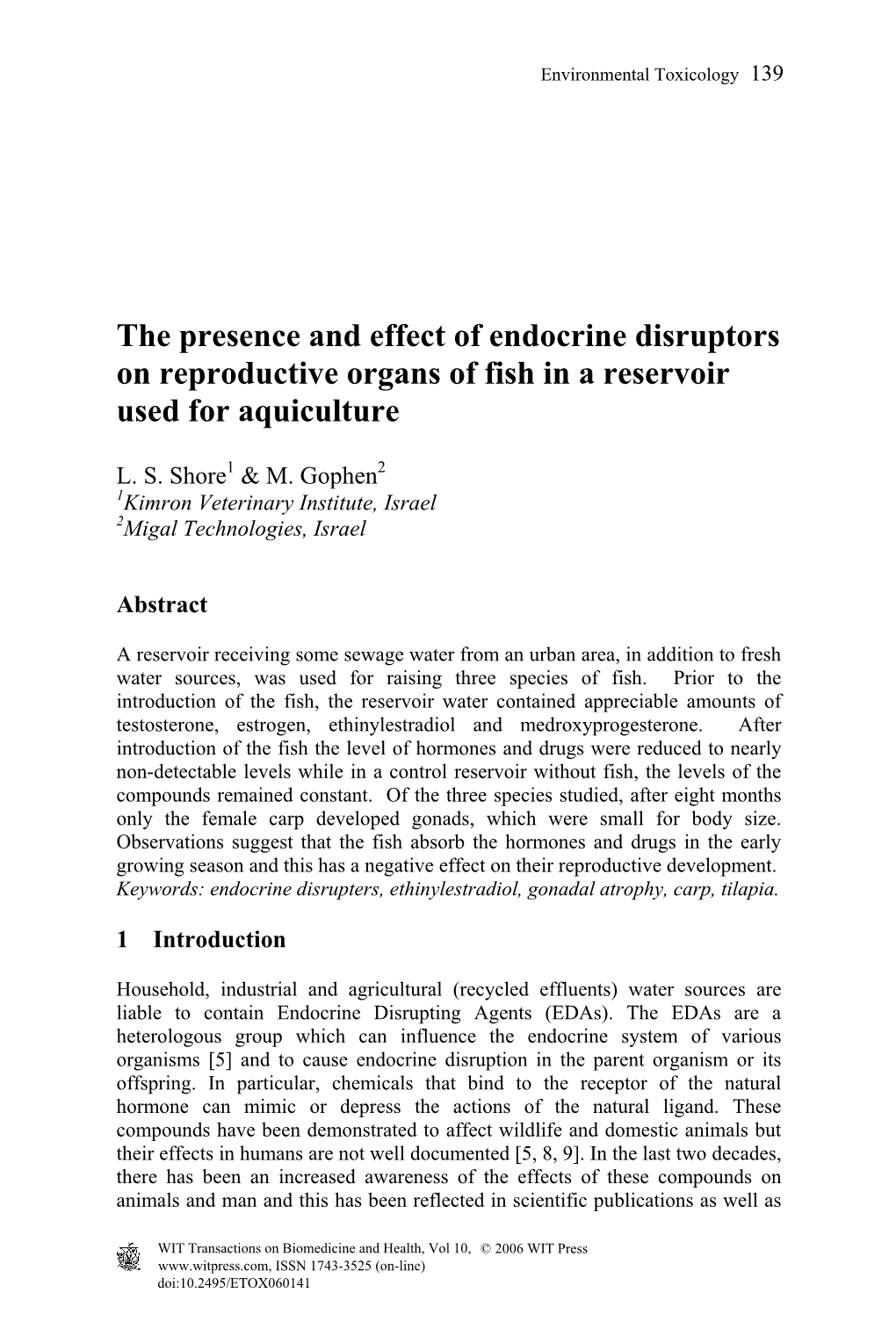 The Presence and Effect of Endocrine Disruptors on Reproductive Organs of Fish in a Reservoir Used for Aquiculture