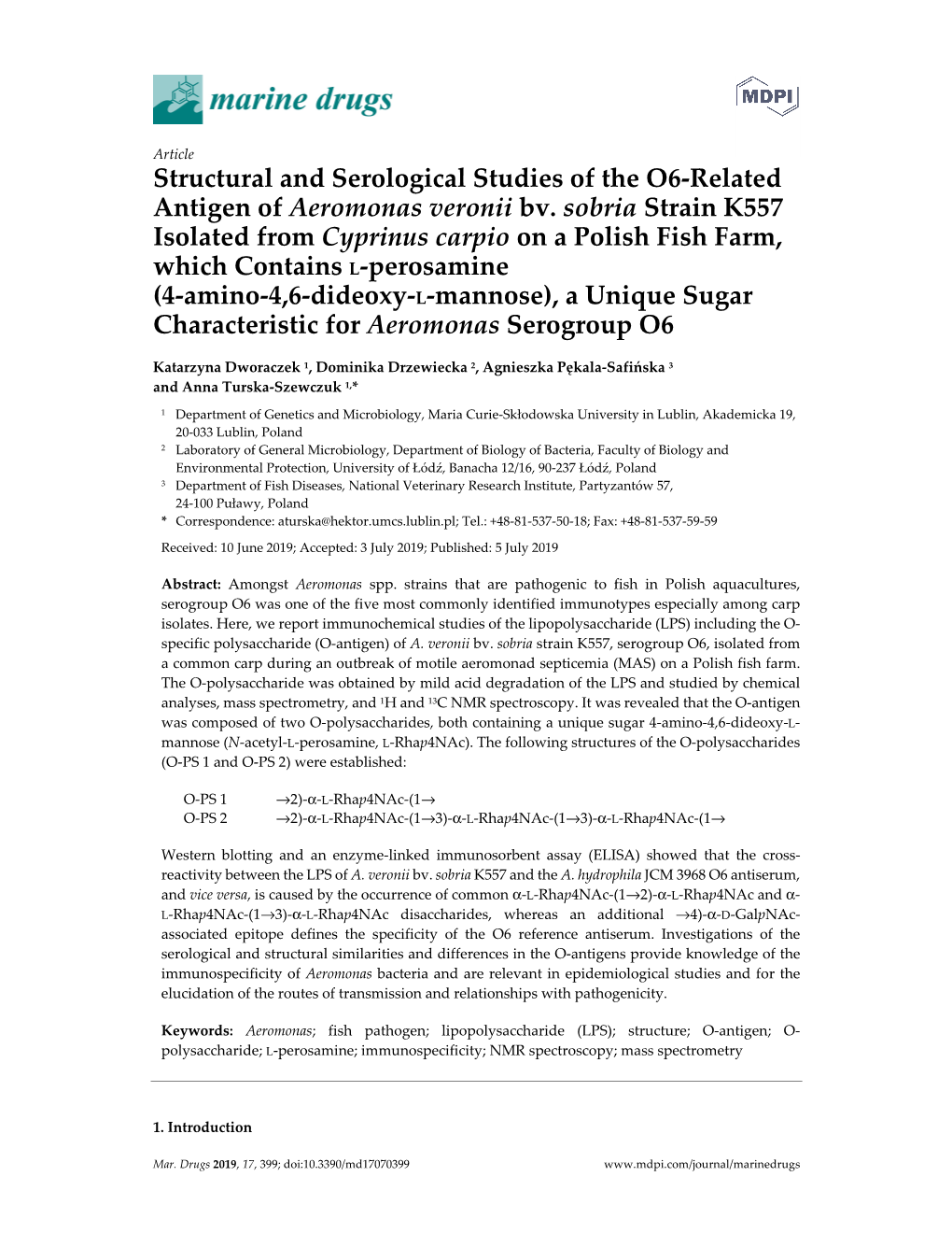 Structural and Serological Studies of the O6-Related Antigen of Aeromonas Veronii Bv. Sobria Strain K557 Isolated from Cyprinus