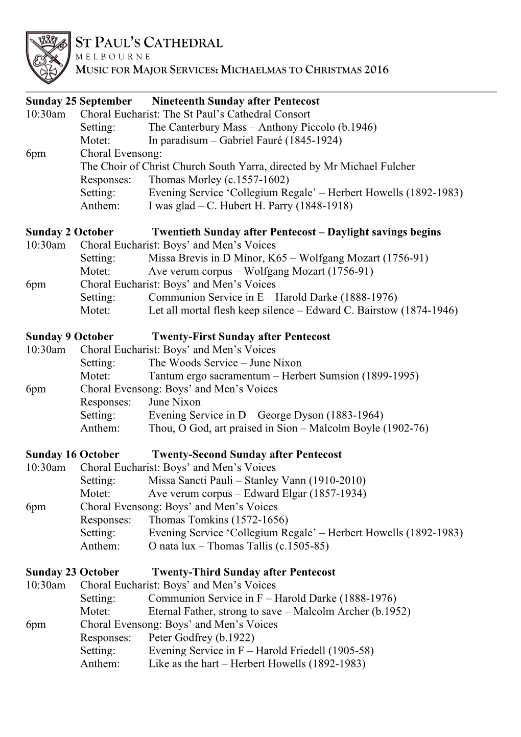 Michaelmas to Christmas Major Services 2016