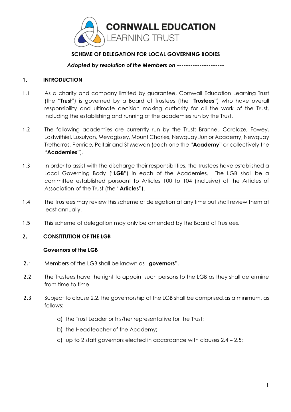 Scheme of Delegation for Local Governing Bodies