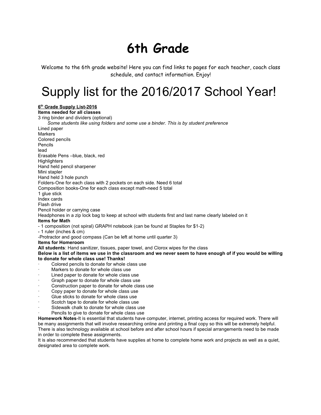 Supply List for the 2016/2017 School Year!