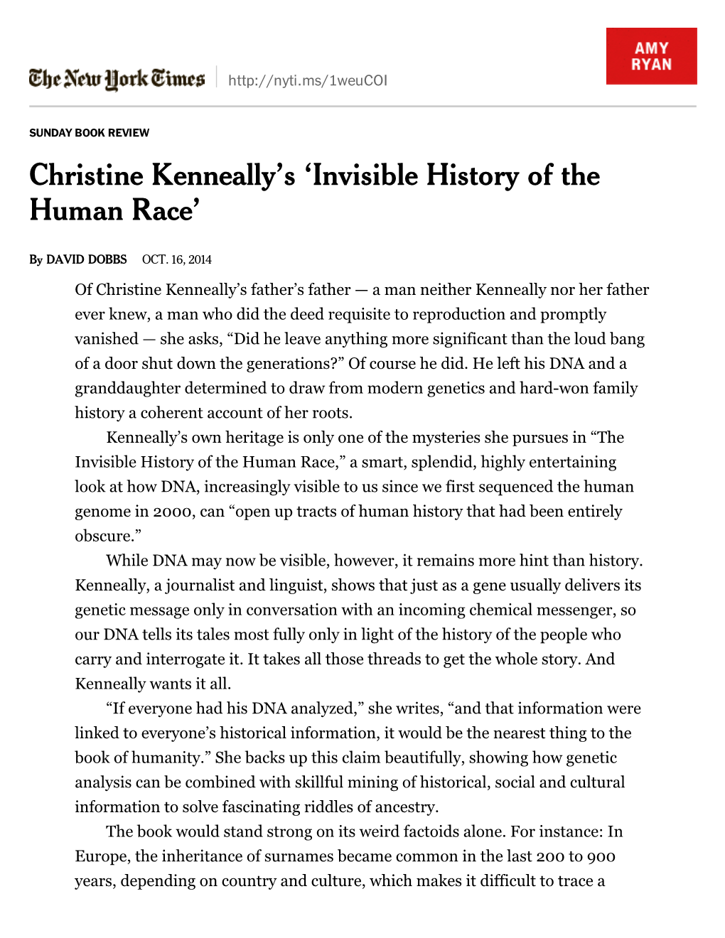 Christine Kenneally's 'Invisible History of the Human Race'