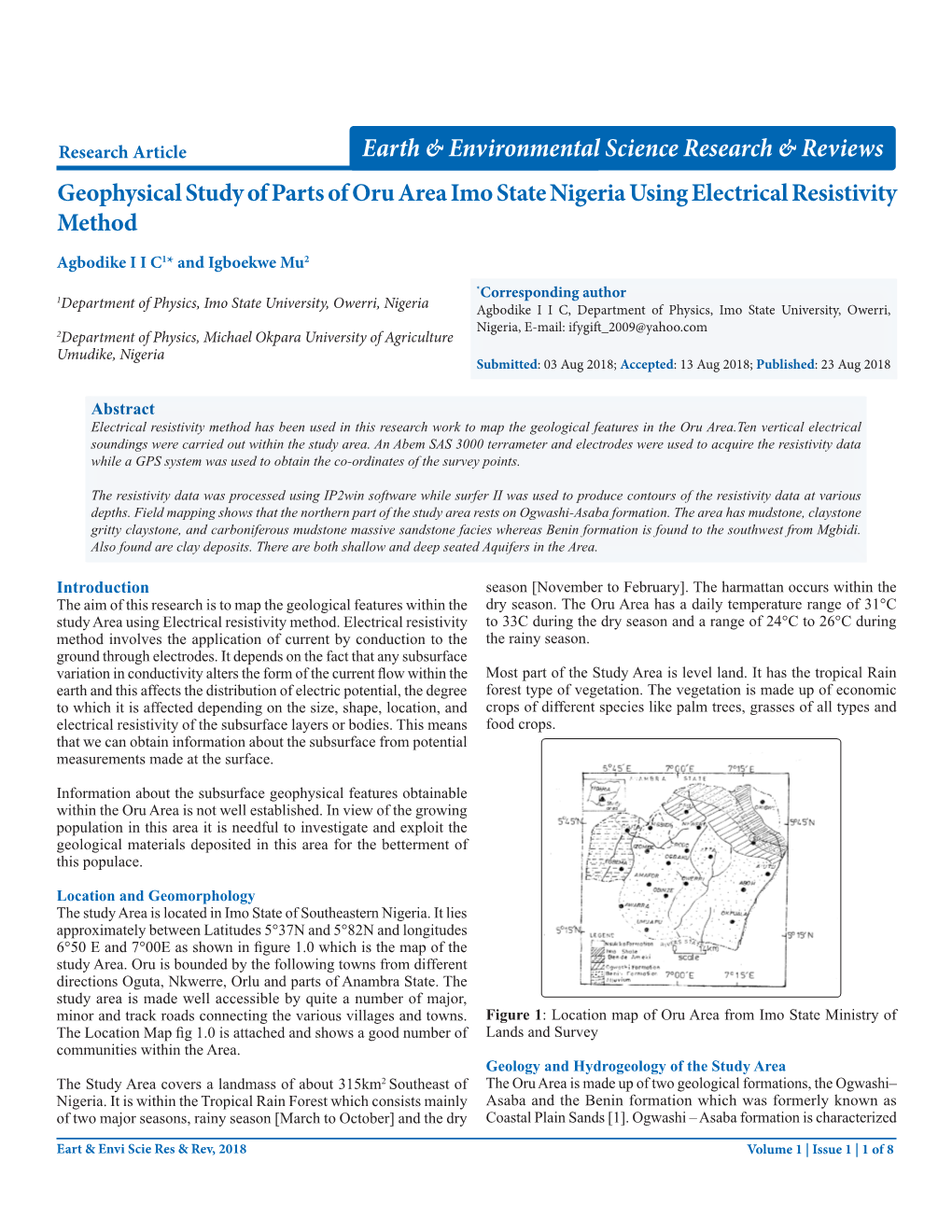 Geophysical Study of Parts of Oru Area Imo State Nigeria Using Electrical Resistivity Method