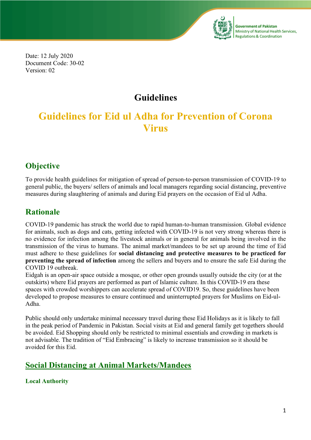 Guidelines for Eid Ul Adha for Prevention of Corona Virus