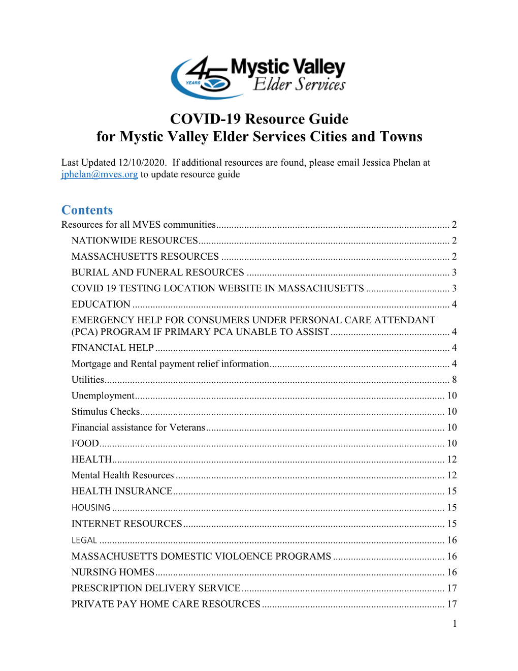 COVID-19 Resource Guide for Mystic Valley Elder Services Cities and Towns