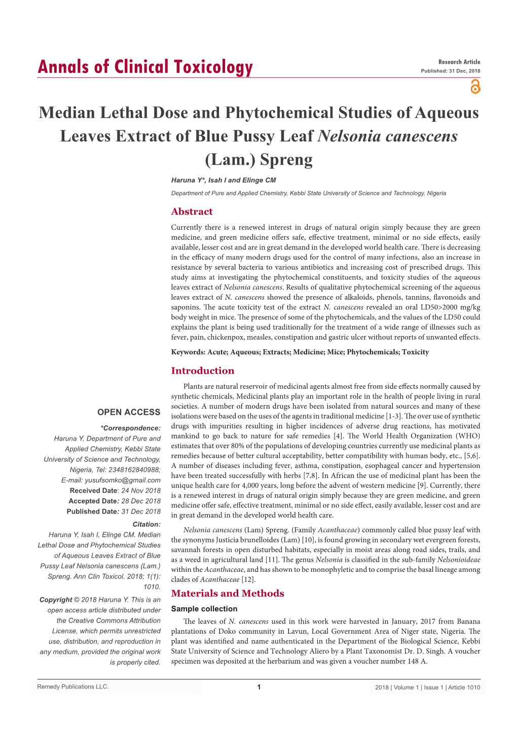 Median Lethal Dose and Phytochemical Studies of Aqueous Leaves Extract of Blue Pussy Leaf Nelsonia Canescens (Lam.) Spreng