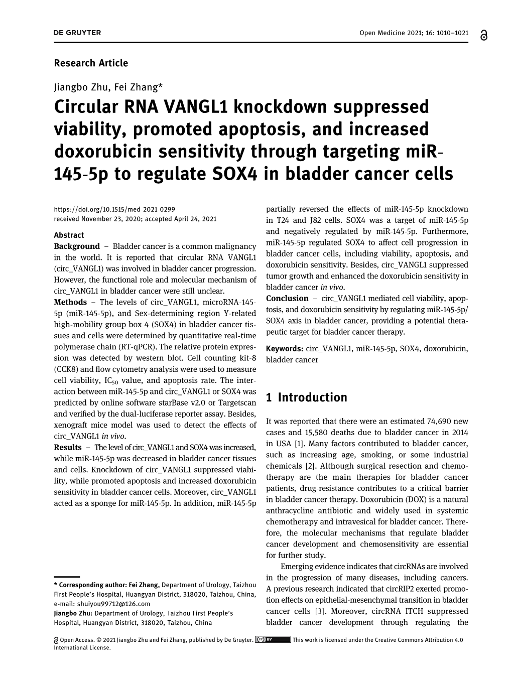 Circular RNA VANGL1 Knockdown Suppressed