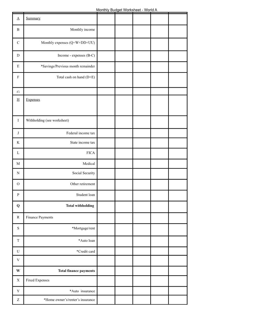 Monthly Budget Worksheet - World A