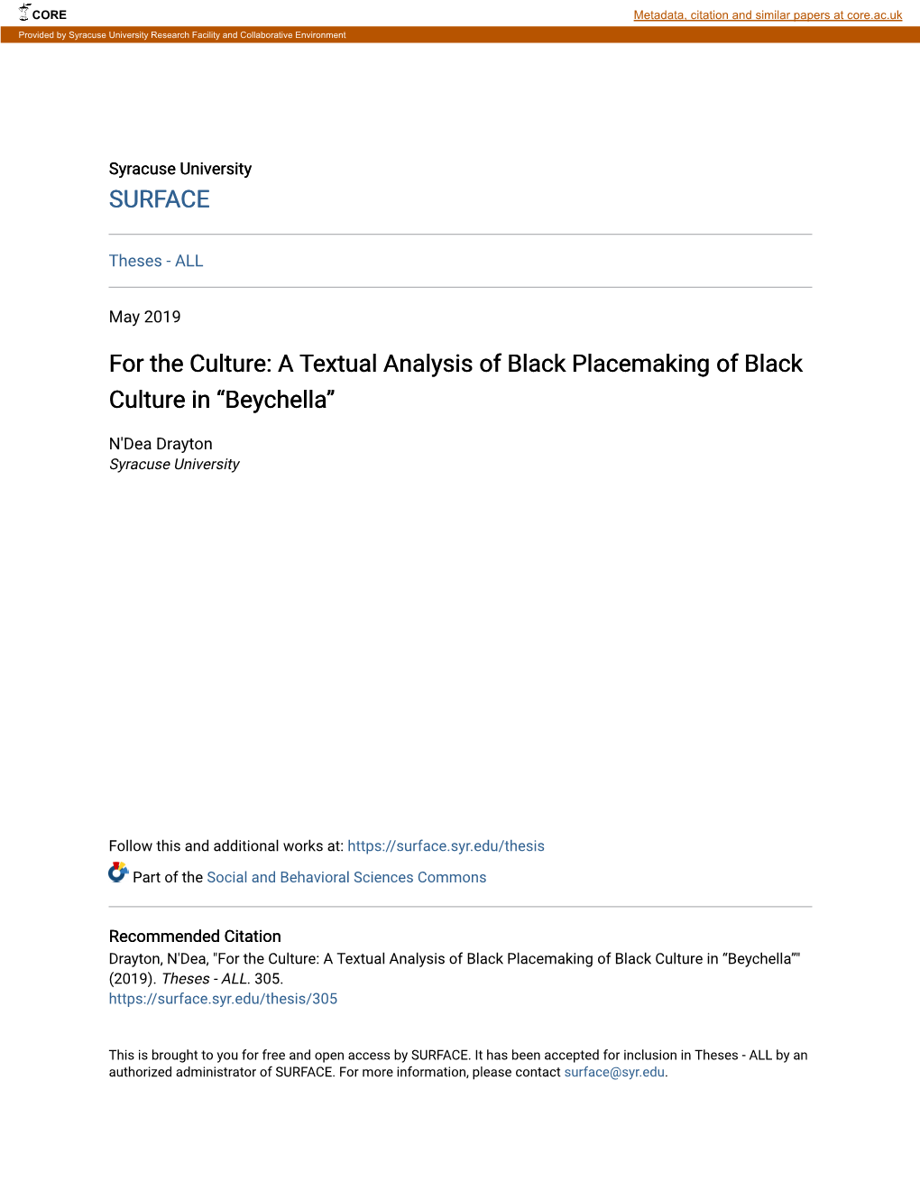 For the Culture: a Textual Analysis of Black Placemaking of Black Culture in “Beychella”