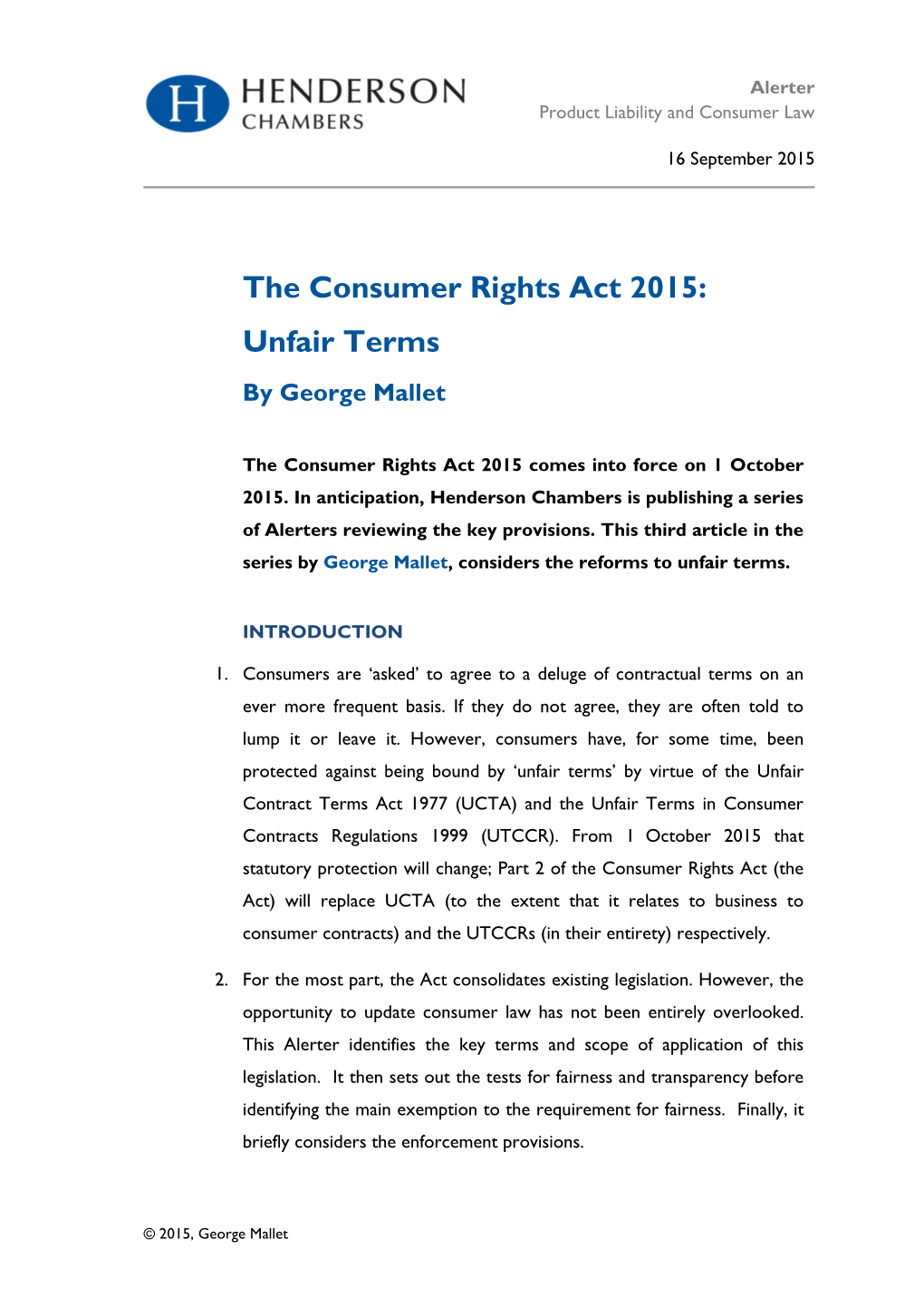 The Consumer Rights Act 2015: Unfair Terms by George Mallet