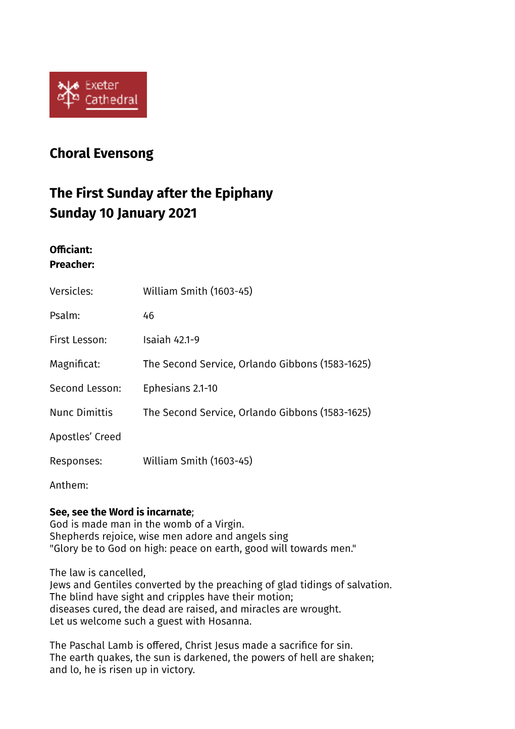 Evensong 1 After Epiphany 10 Jan 2021