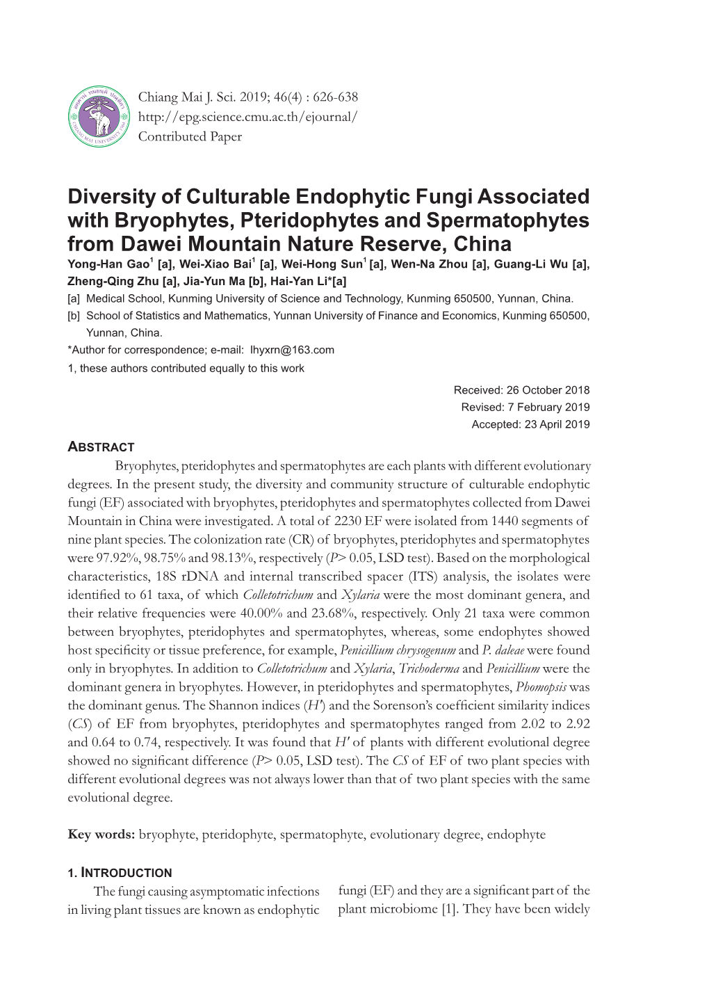 Diversity of Culturable Endophytic Fungi Associated with Bryophytes