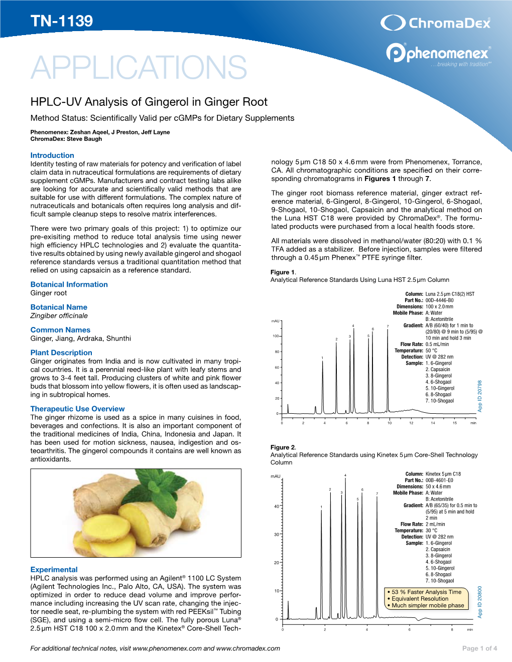 APPLICATIONS HPLC-UV Analysis of Gingerol in Ginger Root Method Status: Scientifically Valid Per Cgmps for Dietary Supplements