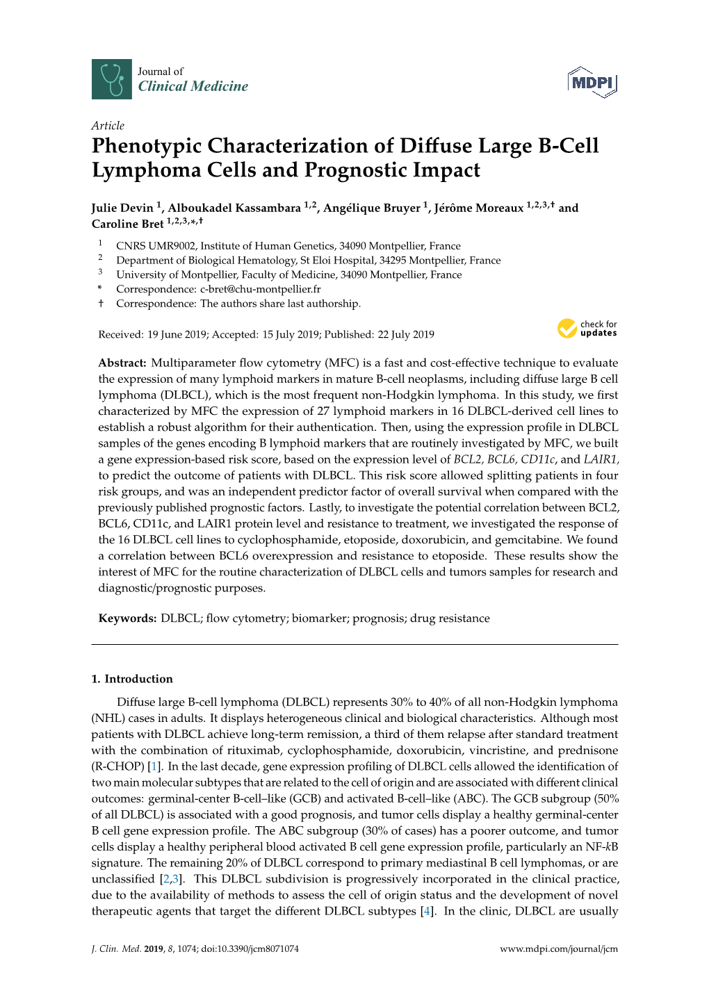 Phenotypic Characterization of Diffuse Large B-Cell Lymphoma Cells and Prognostic Impact