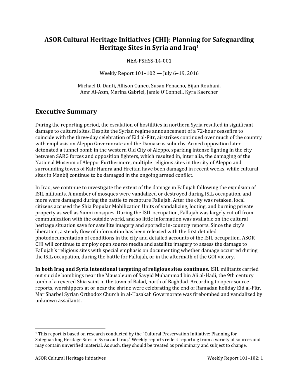 (CHI): Planning for Safeguarding Heritage Sites in Syria and Iraq1