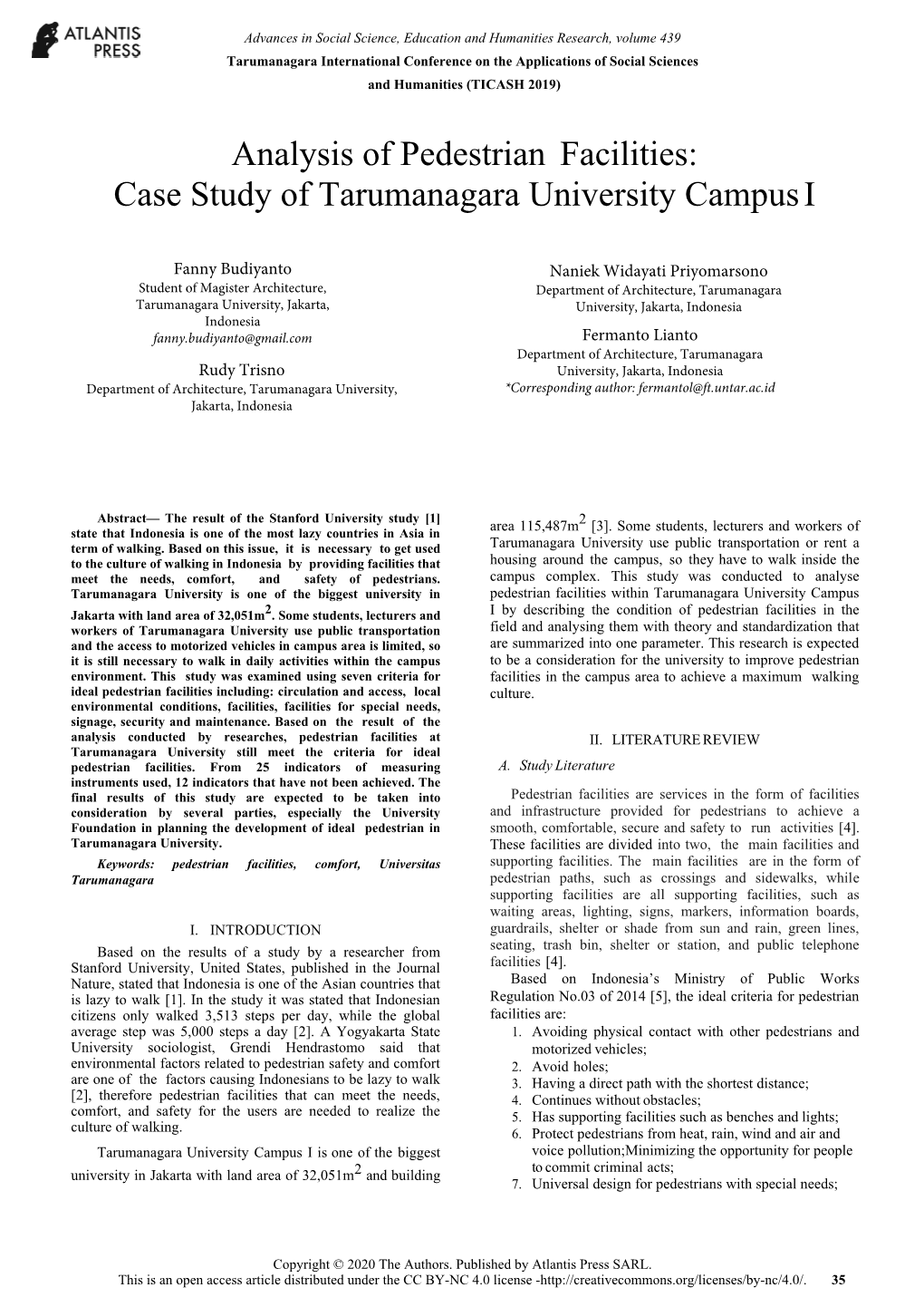 Analysis of Pedestrian Facilities: Case Study of Tarumanagara University Campus I