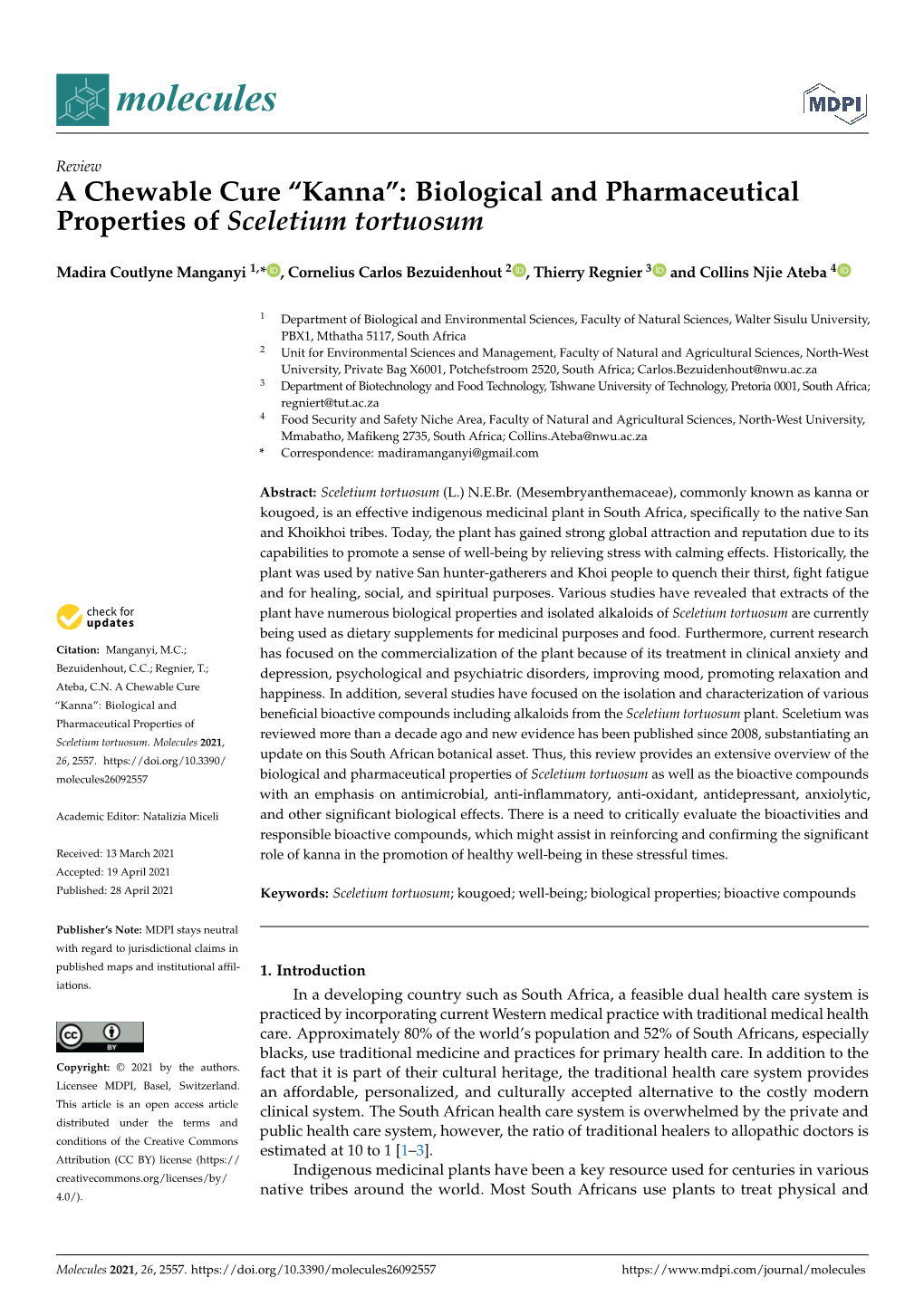 Biological and Pharmaceutical Properties of Sceletium Tortuosum