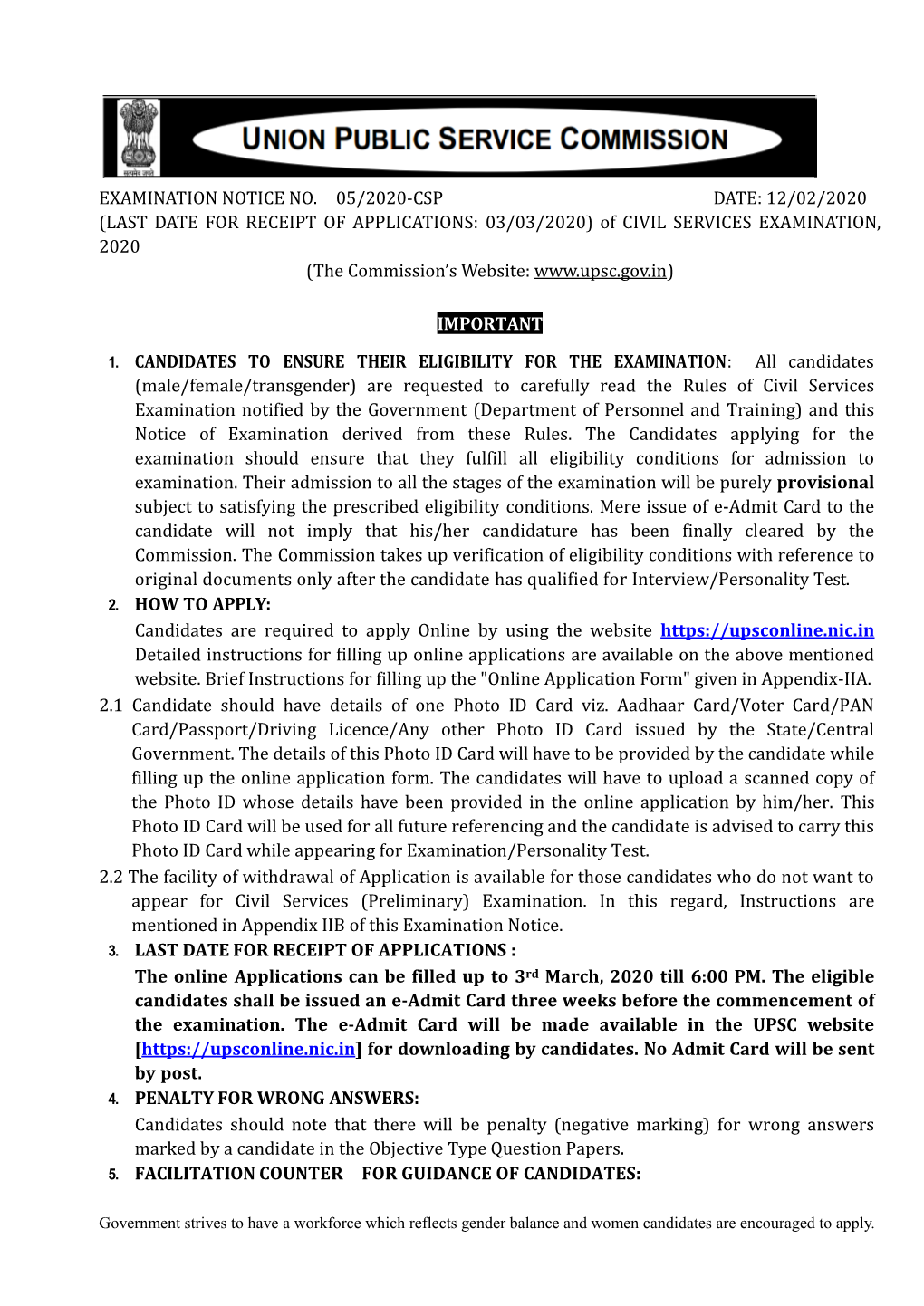 EXAMINATION NOTICE NO. 05/2020-CSP DATE: 12/02/2020 (LAST DATE for RECEIPT of APPLICATIONS: 03/03/2020) of CIVIL SERVICES E