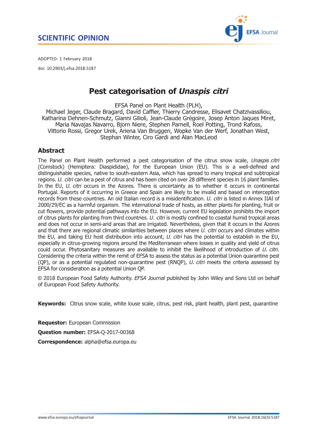 Pest Categorisation of Unaspis Citri