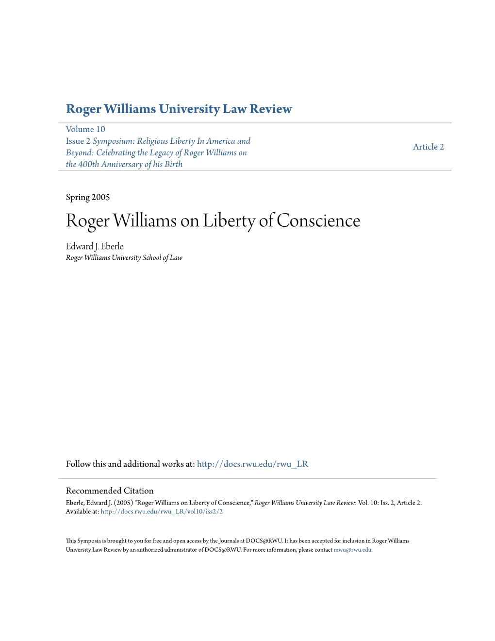 Roger Williams on Liberty of Conscience Edward J