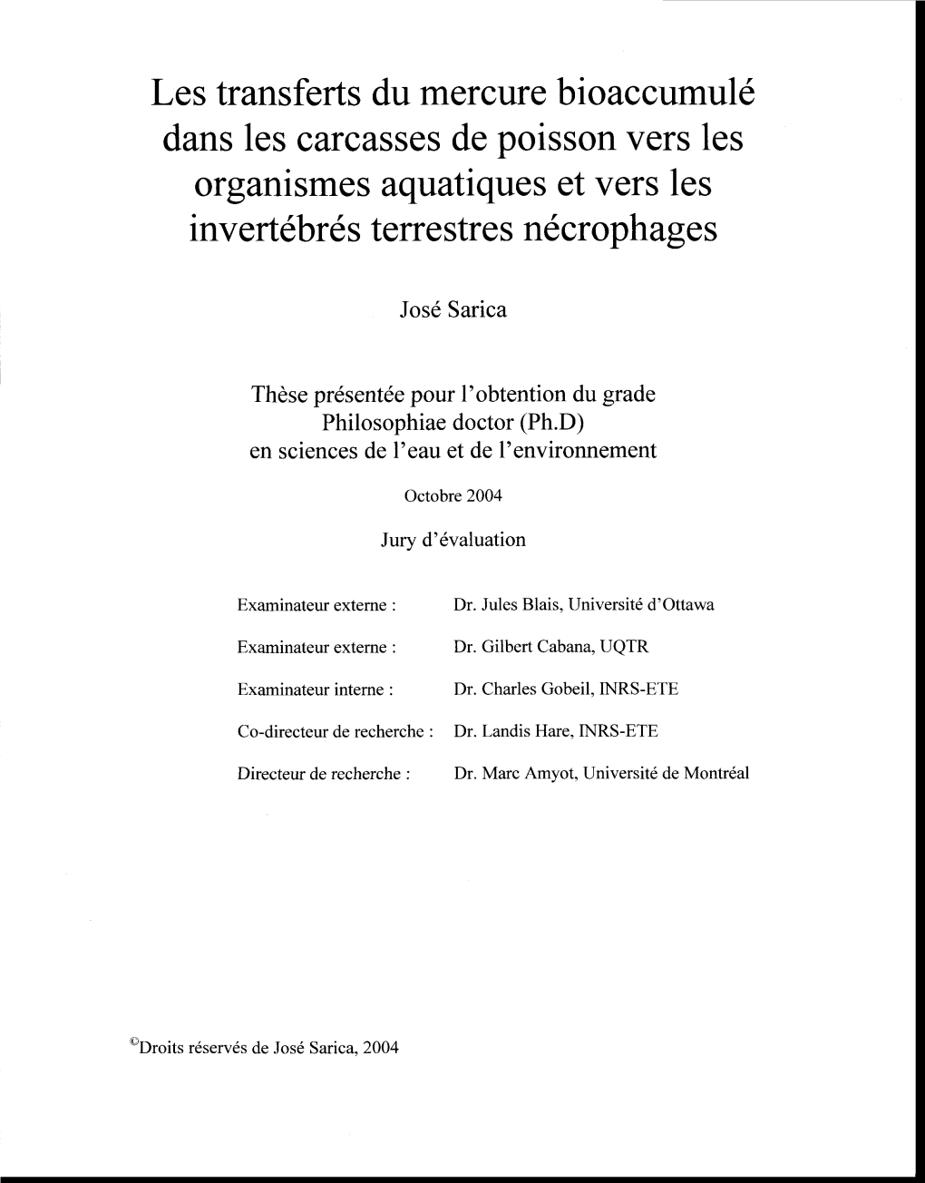 Les Transferts Du Mercure Bioaccumulé Dans Les Carcasses De Poisson Vers Les Organismes Aquatiques Et Vers Les Invertébrés Te