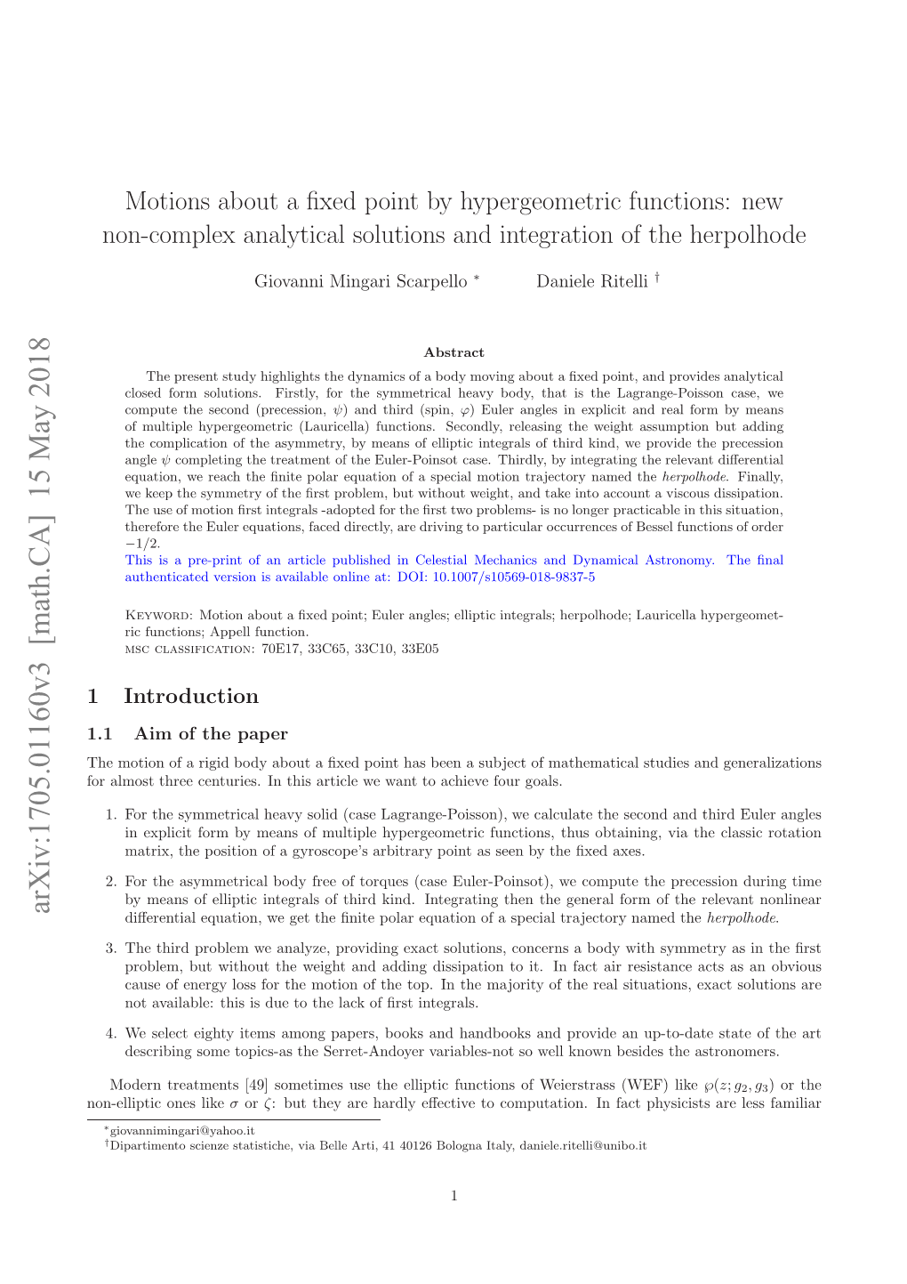 Motions About a Fixed Point by Hypergeometric Functions: New Non