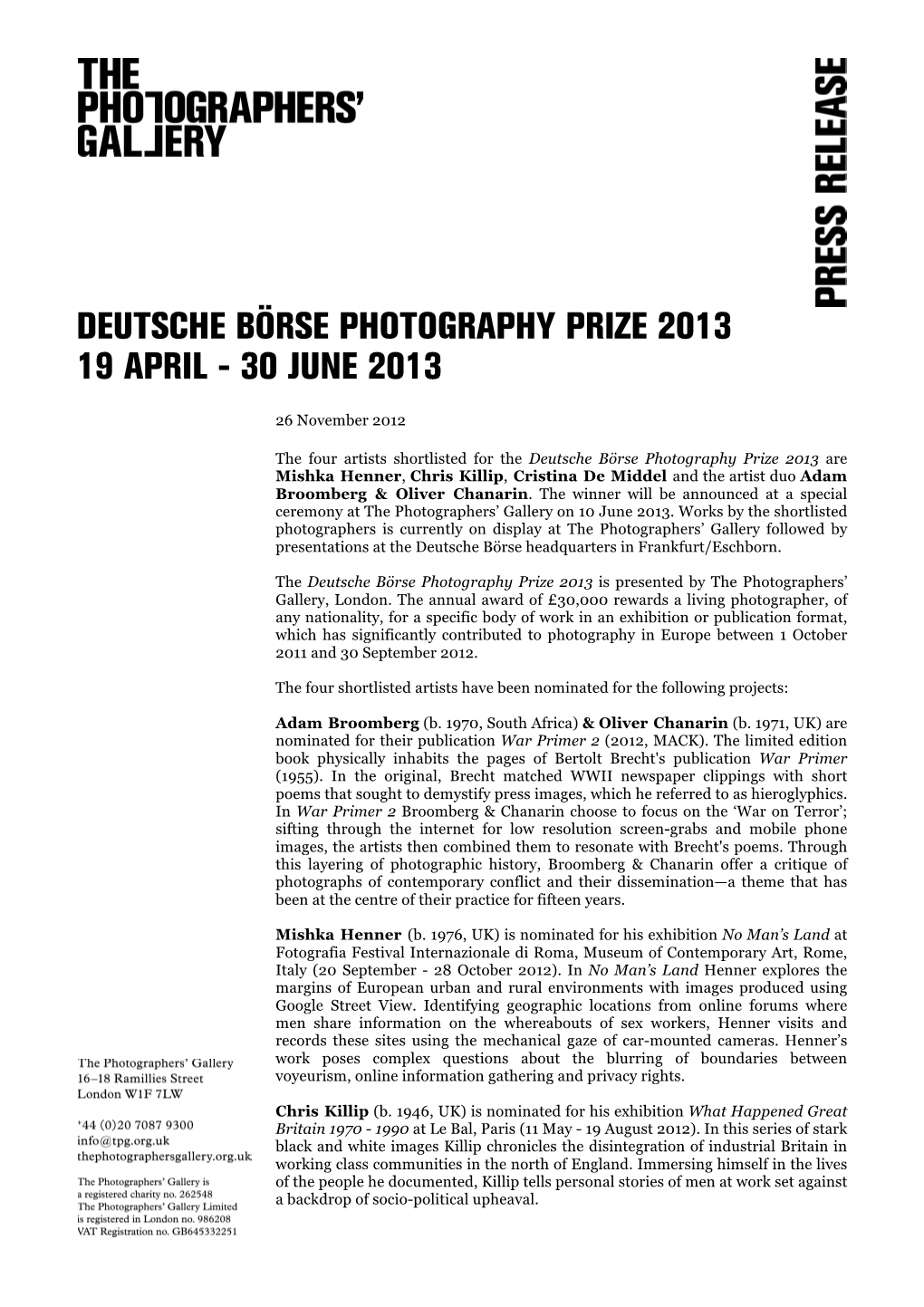 Deutsche Börse Photography Prize 2013 19 April - 30 June 2013
